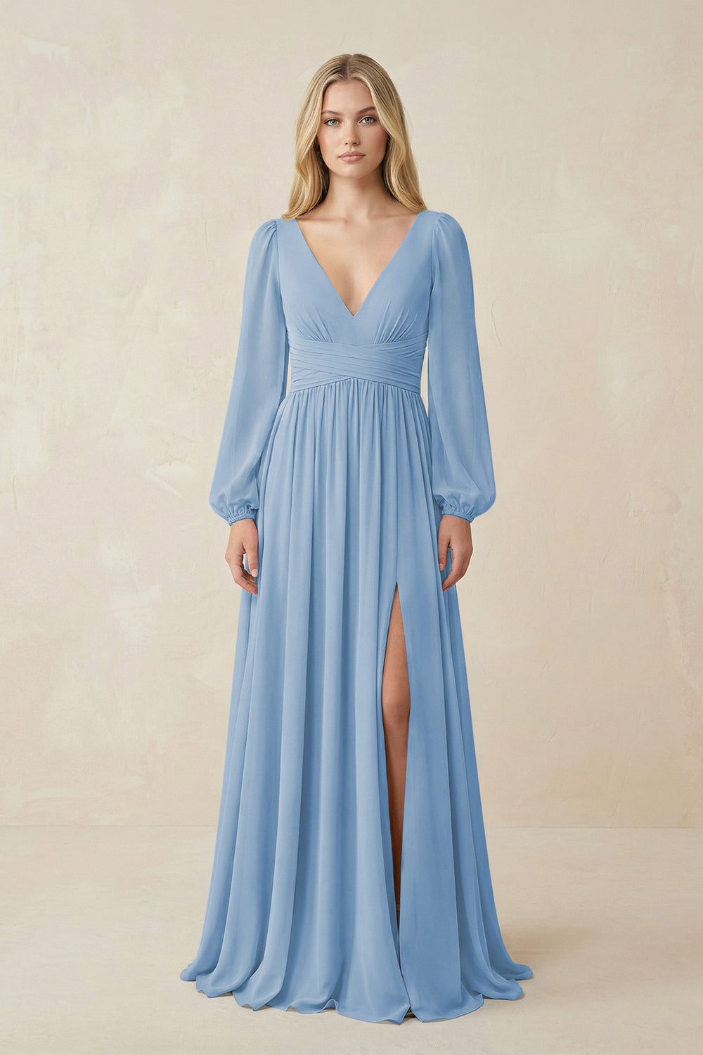 V-Neck Long Sleeve A-Line Chiffon Bridesmaid Dress in Steel Blue