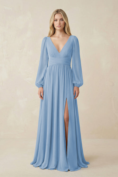 Steel Blue V-Neck Long Sleeve A-Line Chiffon Bridesmaid Dress | KISSBRIDAL