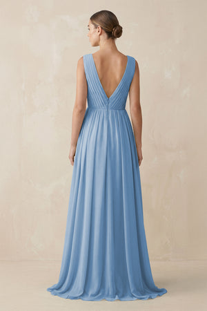 Steel Blue V-Neck Pleated A-Line Chiffon Bridesmaid Dress (2) | KISSBRIDAL