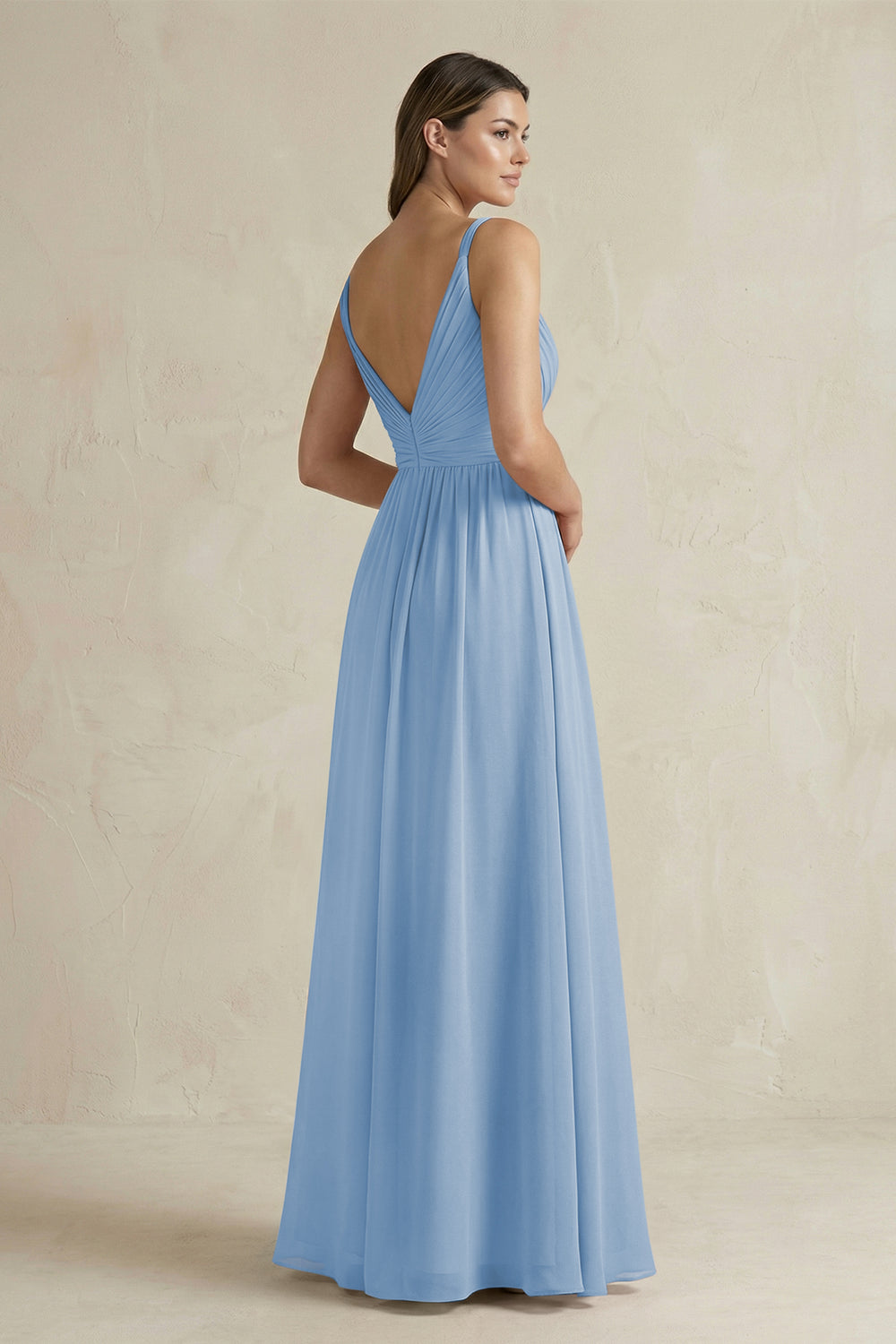 V-Neck Pleated A-Line Chiffon Bridesmaid Dress in Steel Blue