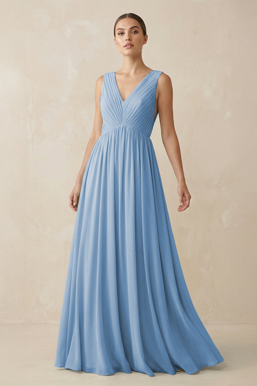 V-Neck Pleated A-Line Chiffon Bridesmaid Dress in Steel Blue