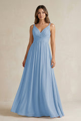 Steel Blue V-Neck Pleated A-Line Chiffon Bridesmaid Dress | KISSBRIDAL