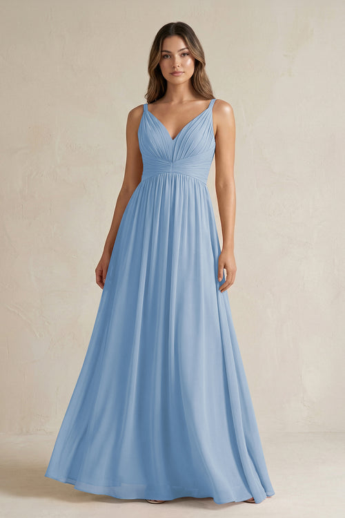 Steel Blue V-Neck Pleated A-Line Chiffon Bridesmaid Dress | KISSBRIDAL