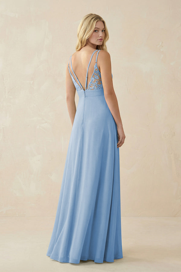 Steel Blue V-Neck Ruched Chiffon Bridesmaid Dress with Slit (2) | KISSBRIDAL