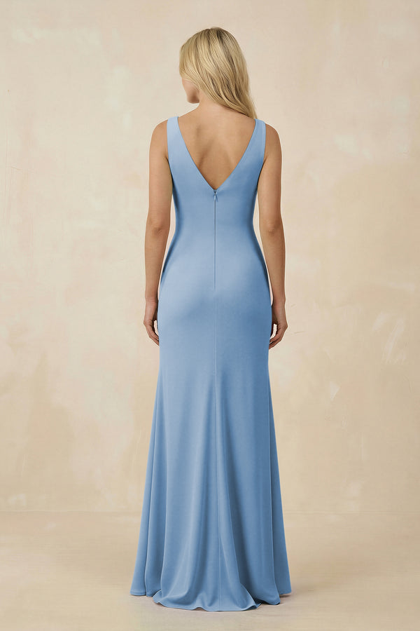 Steel Blue V-Neck Ruched Sheath Bridesmaid Dress with Slit (2) | KISSBRIDAL
