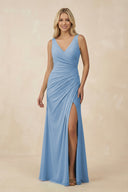 Steel Blue V-Neck Ruched Sheath Bridesmaid Dress with Slit | KISSBRIDAL