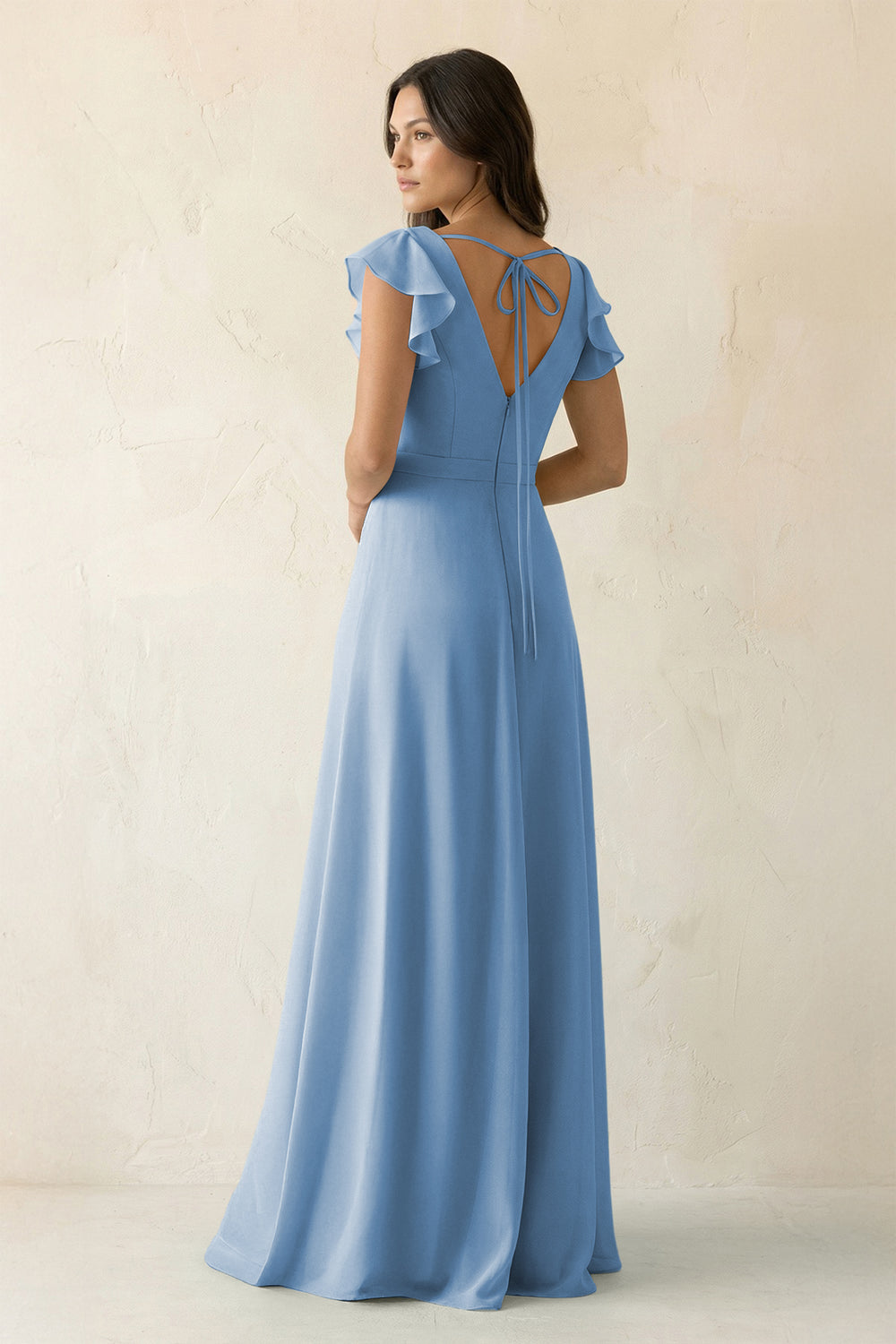 V-Neck Ruffled A-Line Chiffon Bridesmaid Dress in Steel Blue