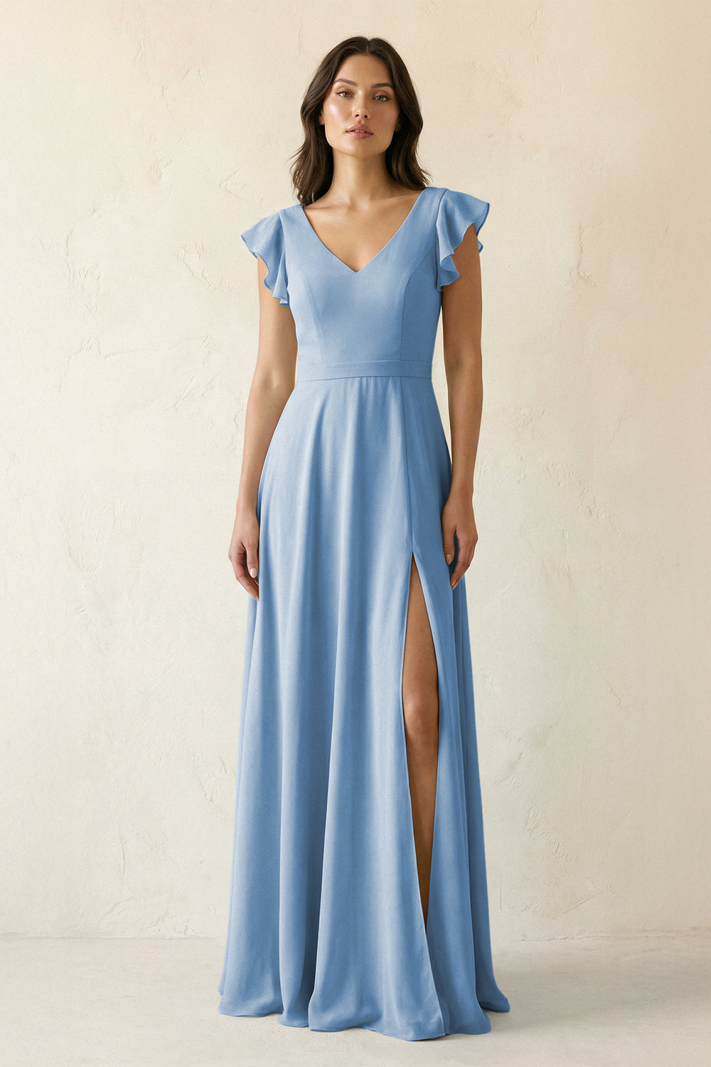 V-Neck Ruffled A-Line Chiffon Bridesmaid Dress in Steel Blue