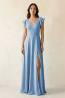 Steel Blue V-Neck Ruffled A-Line Chiffon Bridesmaid Dress | KISSBRIDAL