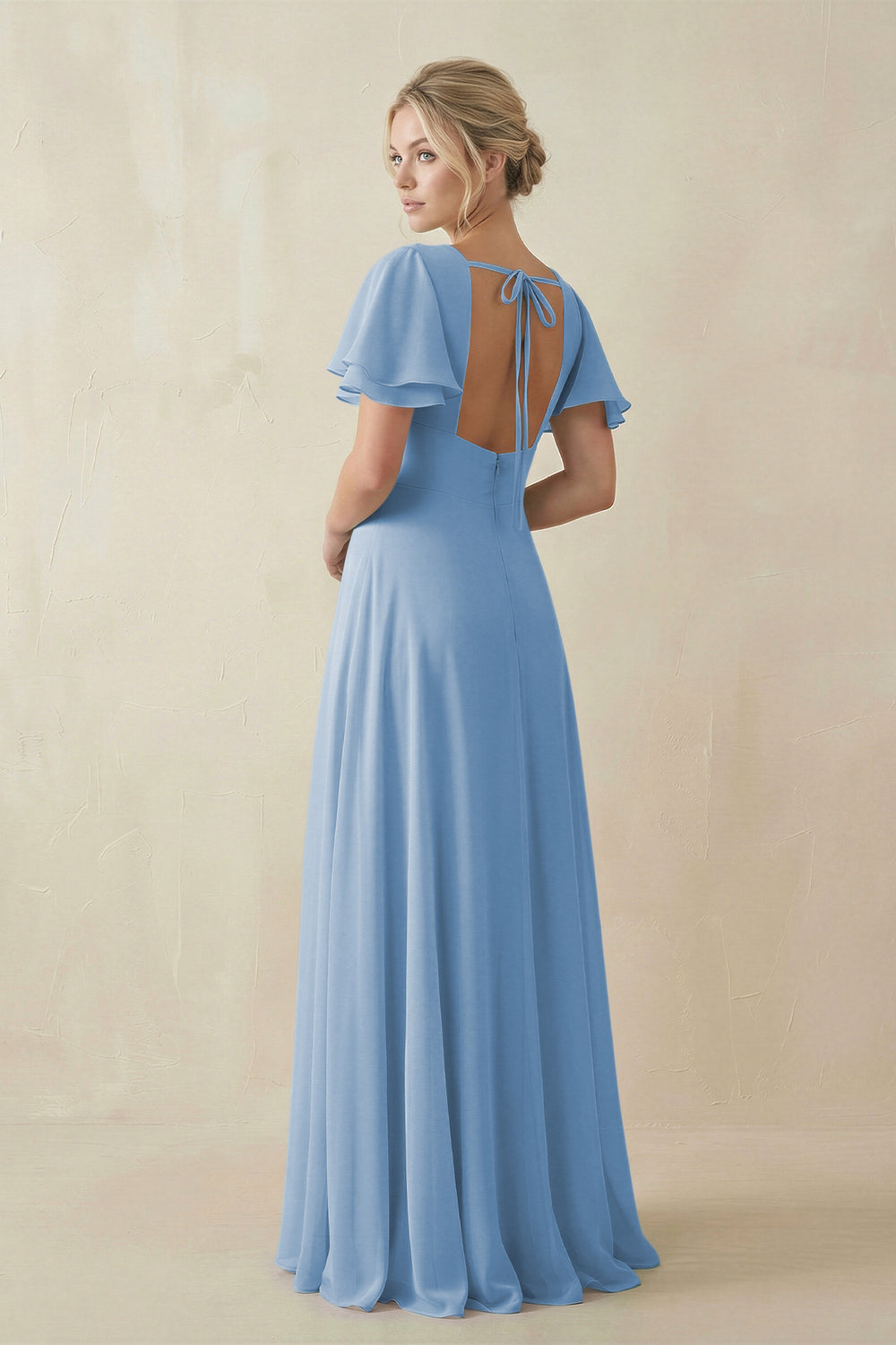 V-Neck Ruffled Short Sleeves A-Line Bridesmaid Dress in Steel Blue