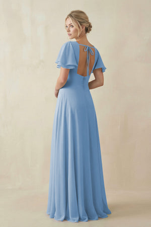 Steel Blue V-Neck Ruffled Short Sleeves A-Line Bridesmaid Dress (2) | KISSBRIDAL