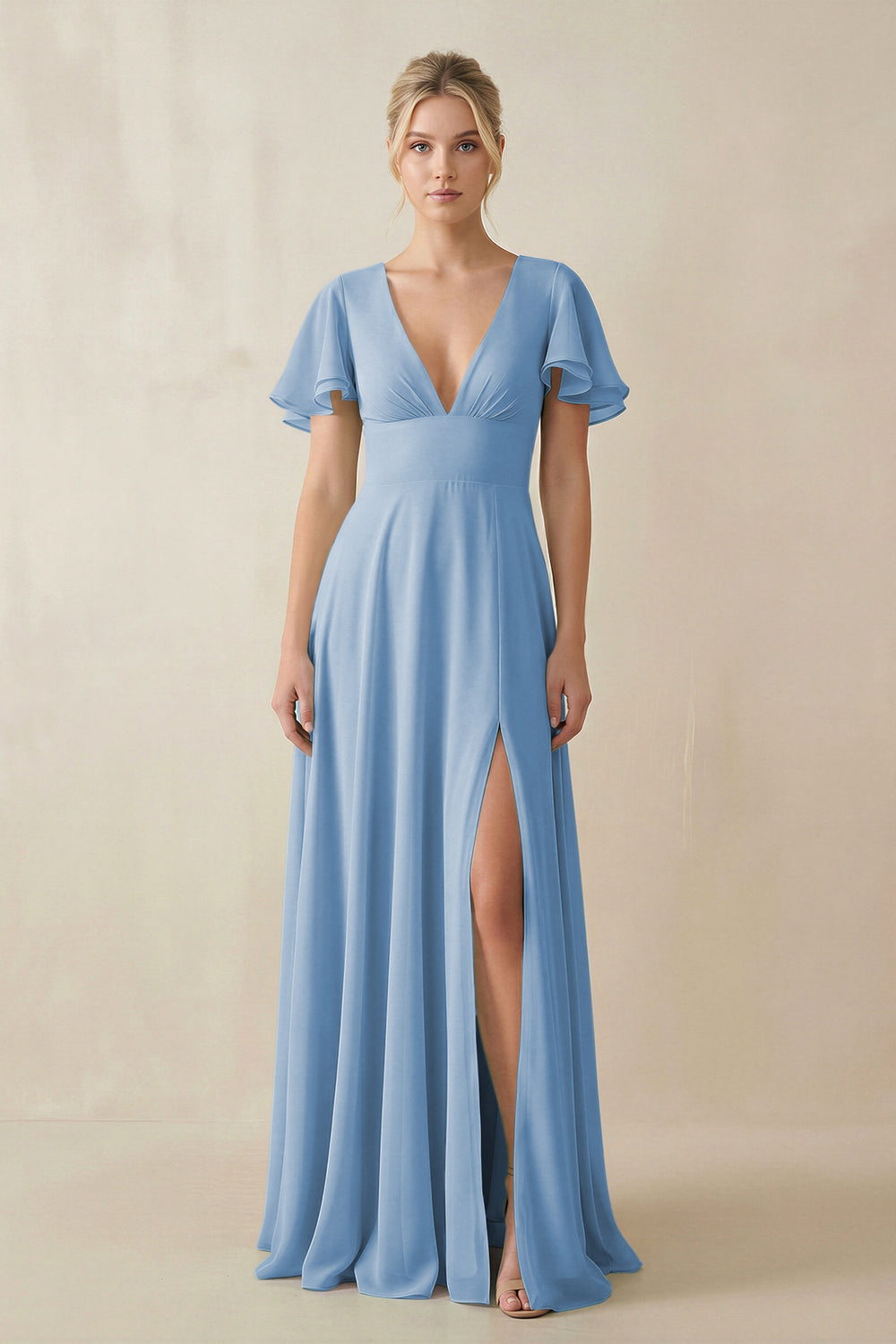 V-Neck Ruffled Short Sleeves A-Line Bridesmaid Dress in Steel Blue