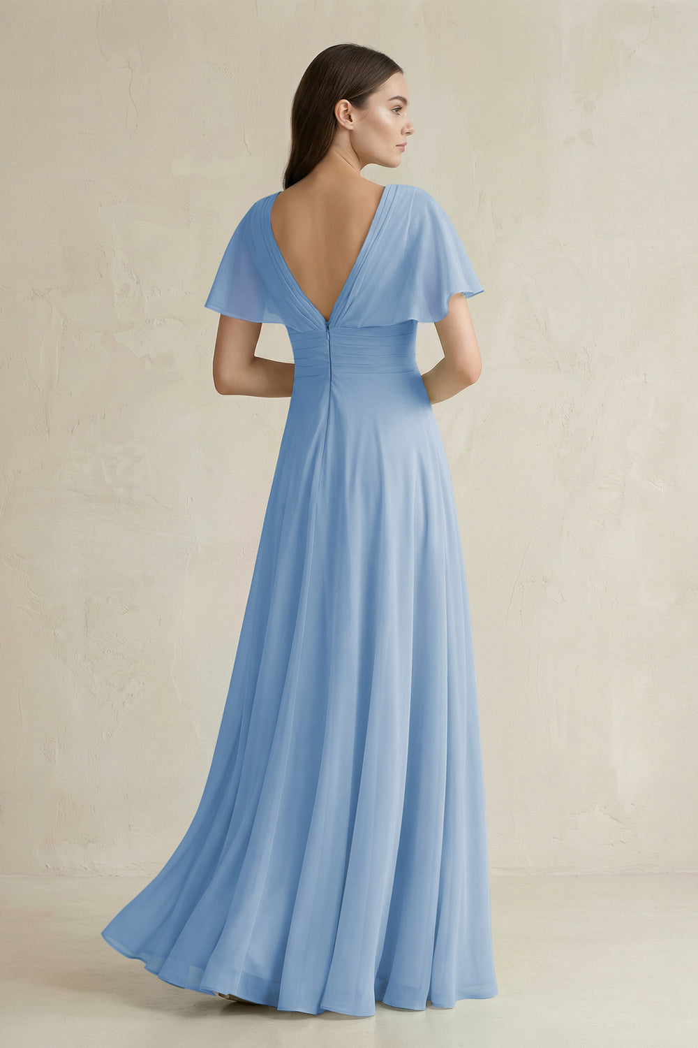 V-Neck Ruffled Sleeve A-Line Chiffon Bridesmaid Dress in Steel Blue
