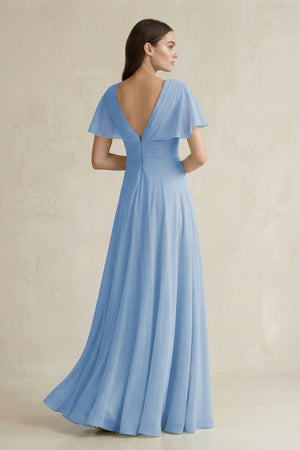 Steel Blue V-Neck Ruffled Sleeve A-Line Chiffon Bridesmaid Dress (2) | KISSBRIDAL
