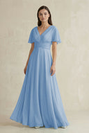 Steel Blue V-Neck Ruffled Sleeve A-Line Chiffon Bridesmaid Dress | KISSBRIDAL