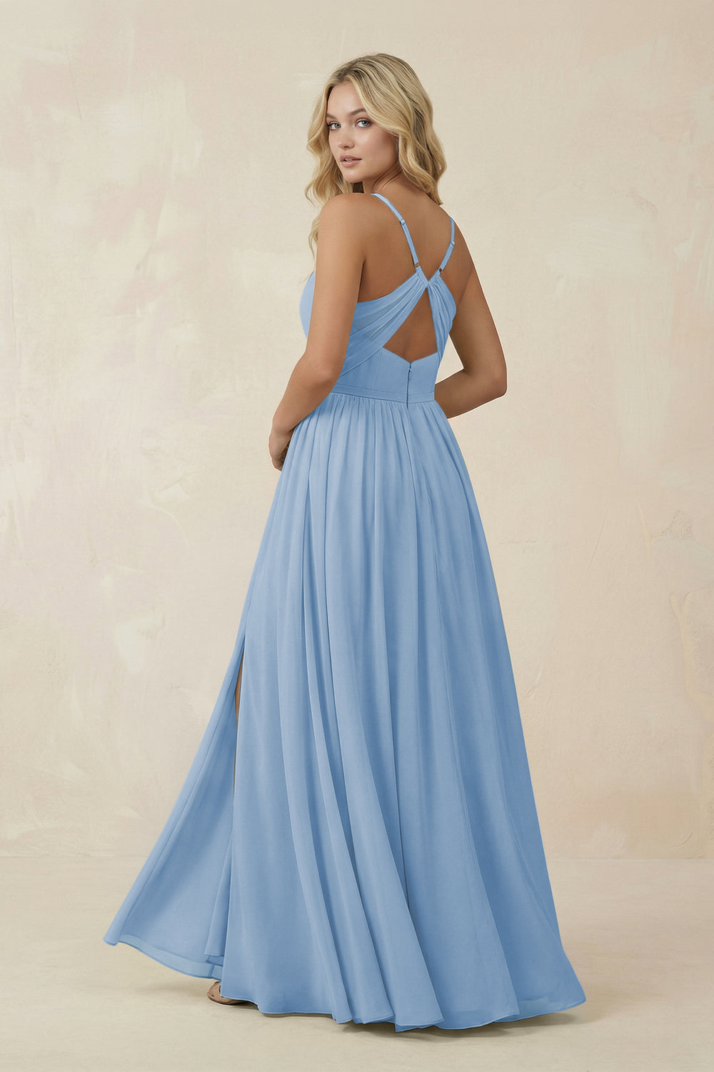 V-Neck Spaghetti Strap A-Line Chiffon Bridesmaid Dress in Steel Blue