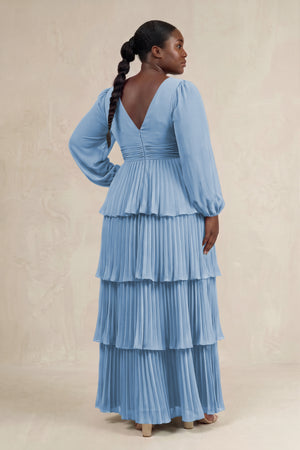 Steel Blue V-Neck Tiered A-Line Long Sleeve Bridesmaid Dress (2) [sizeplus] | KISSBRIDAL