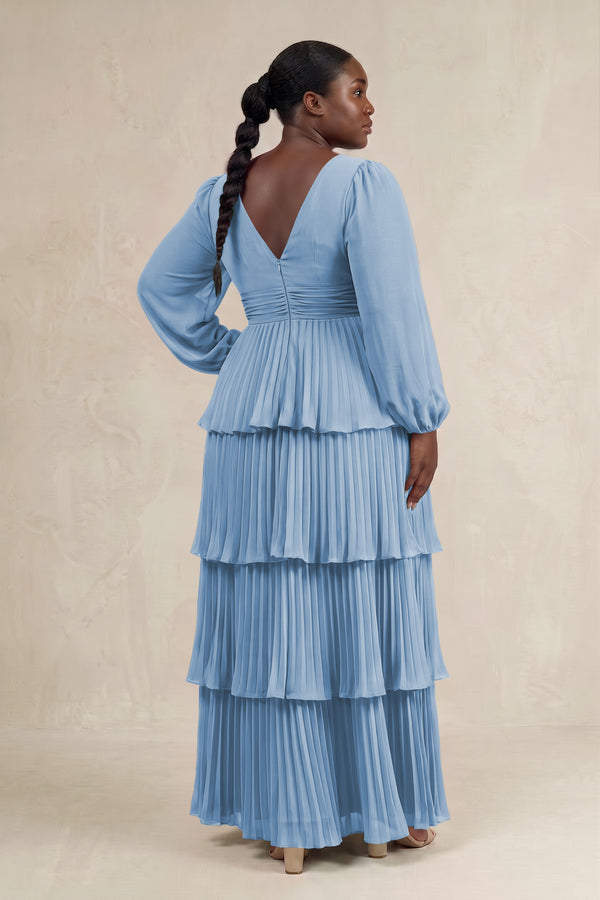 Steel Blue V-Neck Tiered A-Line Long Sleeve Bridesmaid Dress (2) [sizeplus] | KISSBRIDAL
