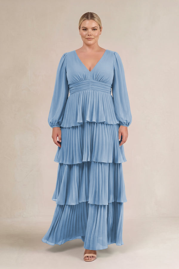 Steel Blue V-Neck Tiered A-Line Long Sleeve Bridesmaid Dress (3) [sizeplus] | KISSBRIDAL