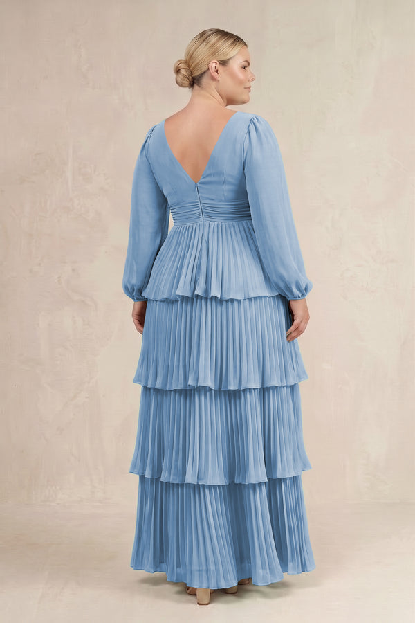 Steel Blue V-Neck Tiered A-Line Long Sleeve Bridesmaid Dress (4) [sizeplus] | KISSBRIDAL