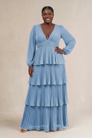 Steel Blue V-Neck Tiered A-Line Long Sleeve Bridesmaid Dress [sizeplus] | KISSBRIDAL