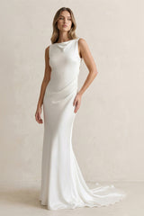 Straight Neck Satin Mermaid Wedding Dress in White - KISS BRIDAL Wedding Dresses