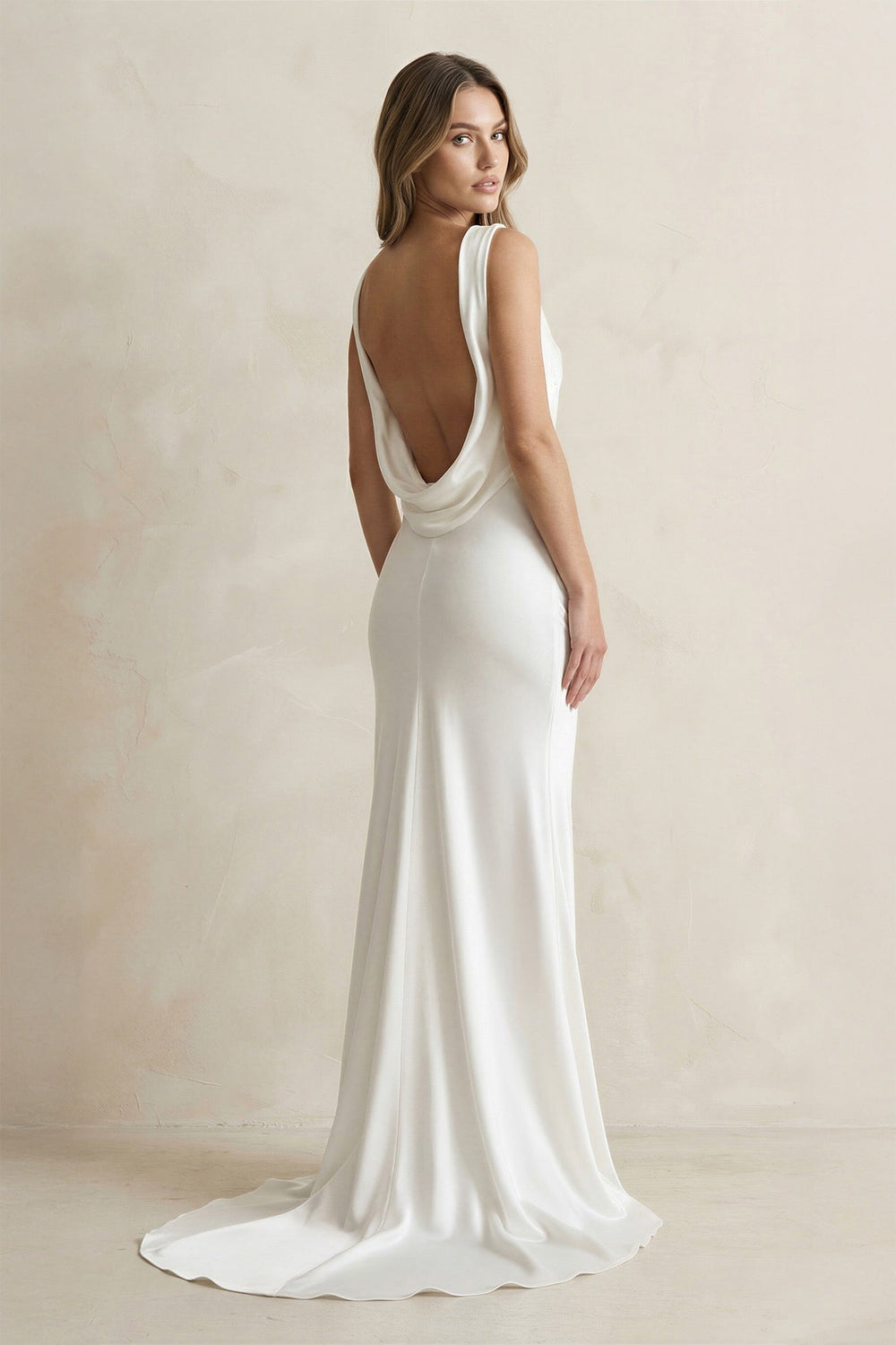 Straight Neck Satin Mermaid Wedding Dress in White - KISS BRIDAL Wedding Dresses