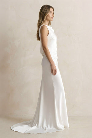 Straight Neck Satin Mermaid Wedding Dress in White - SHE IS ME Wedding Dresses