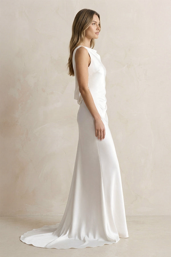 Straight Neck Satin Mermaid Wedding Dress in White - SHE IS ME Wedding Dresses