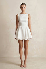 Straight Neck Satin Ruffled Mini Wedding Dress in White - KISS BRIDAL Wedding Dresses