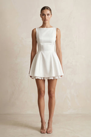 Straight Neck Satin Ruffled Mini Wedding Dress in White - SHE IS ME Wedding Dresses
