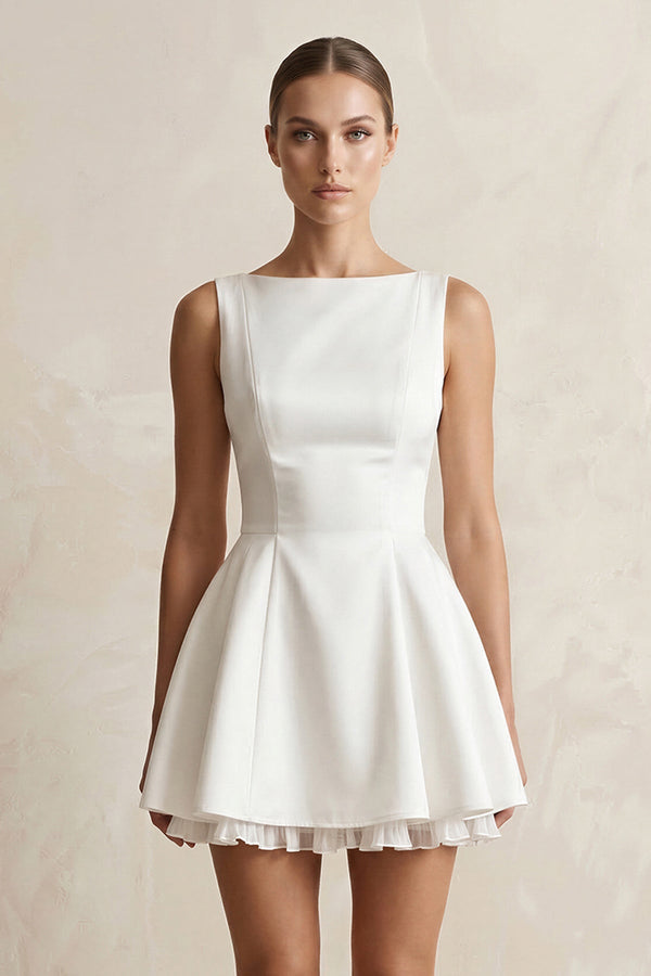 Straight Neck Satin Ruffled Mini Wedding Dress in White - SHE IS ME Wedding Dresses