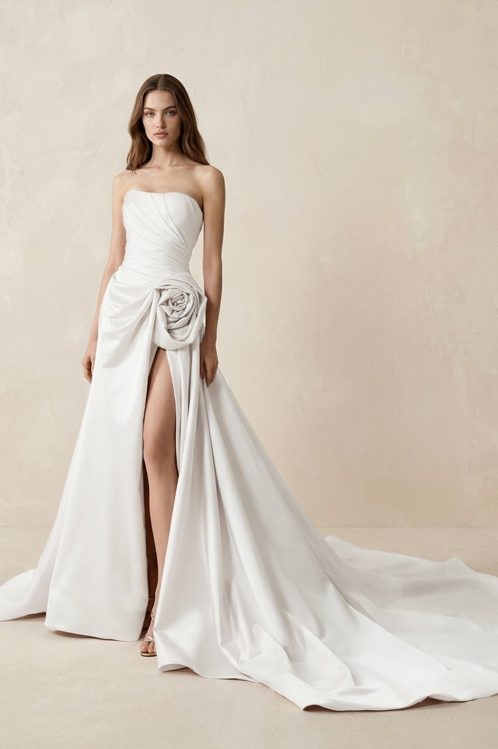 Strapless 3D - Flower Ruched 3D - Flower Wedding Dress With Slit - KISS BRIDAL Wedding Dresses