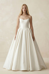 Strapless A - Line Ball Gown Satin Corset Wedding Dress in Ivory - KISS BRIDAL Wedding Dresses