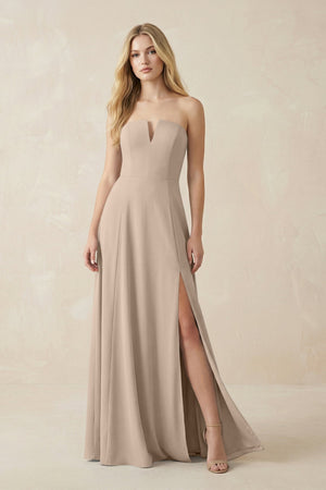 Strapless A - Line Chiffon Bridesmaid Dress With Slit in Almond - SHE IS ME Bridesmaid Dresses