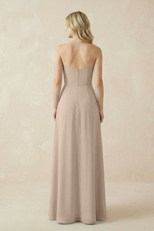 Strapless A - Line Chiffon Bridesmaid Dress With Slit in Almond - SHE IS ME Bridesmaid Dresses