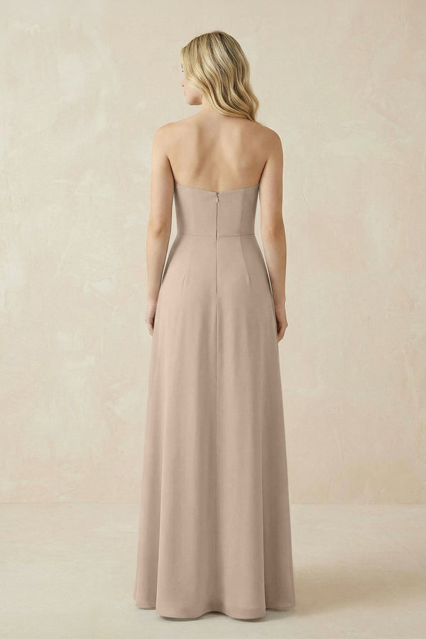 Strapless A - Line Chiffon Bridesmaid Dress With Slit in Almond - SHE IS ME Bridesmaid Dresses