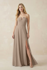 Strapless A-Line Chiffon Bridesmaid Dress With Slit in Almond | KISSBRIDAL