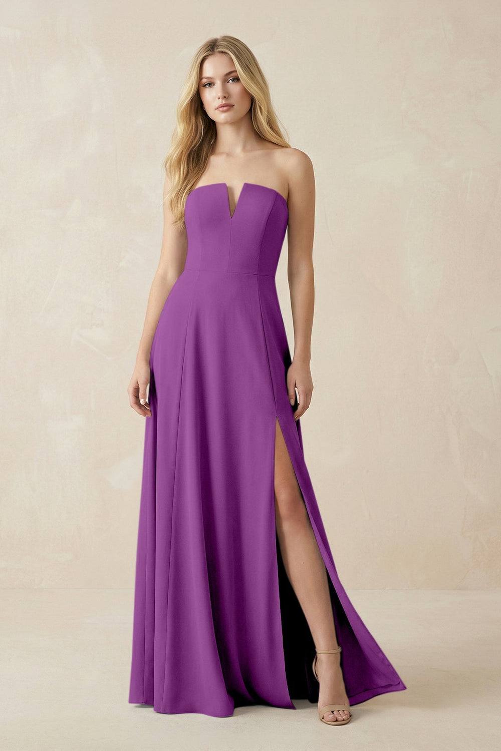 Strapless A - Line Chiffon Bridesmaid Dress With Slit in Amethyst - KISS BRIDAL Bridesmaid Dresses