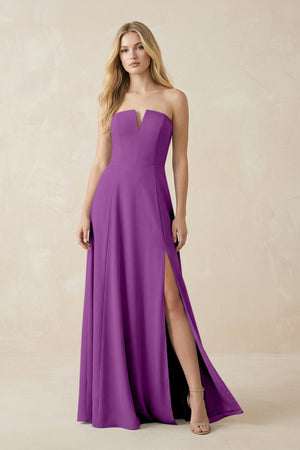 Strapless A - Line Chiffon Bridesmaid Dress With Slit in Amethyst - SHE IS ME Bridesmaid Dresses