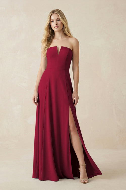 Strapless A - Line Chiffon Bridesmaid Dress With Slit in Berry - SHE IS ME Bridesmaid Dresses