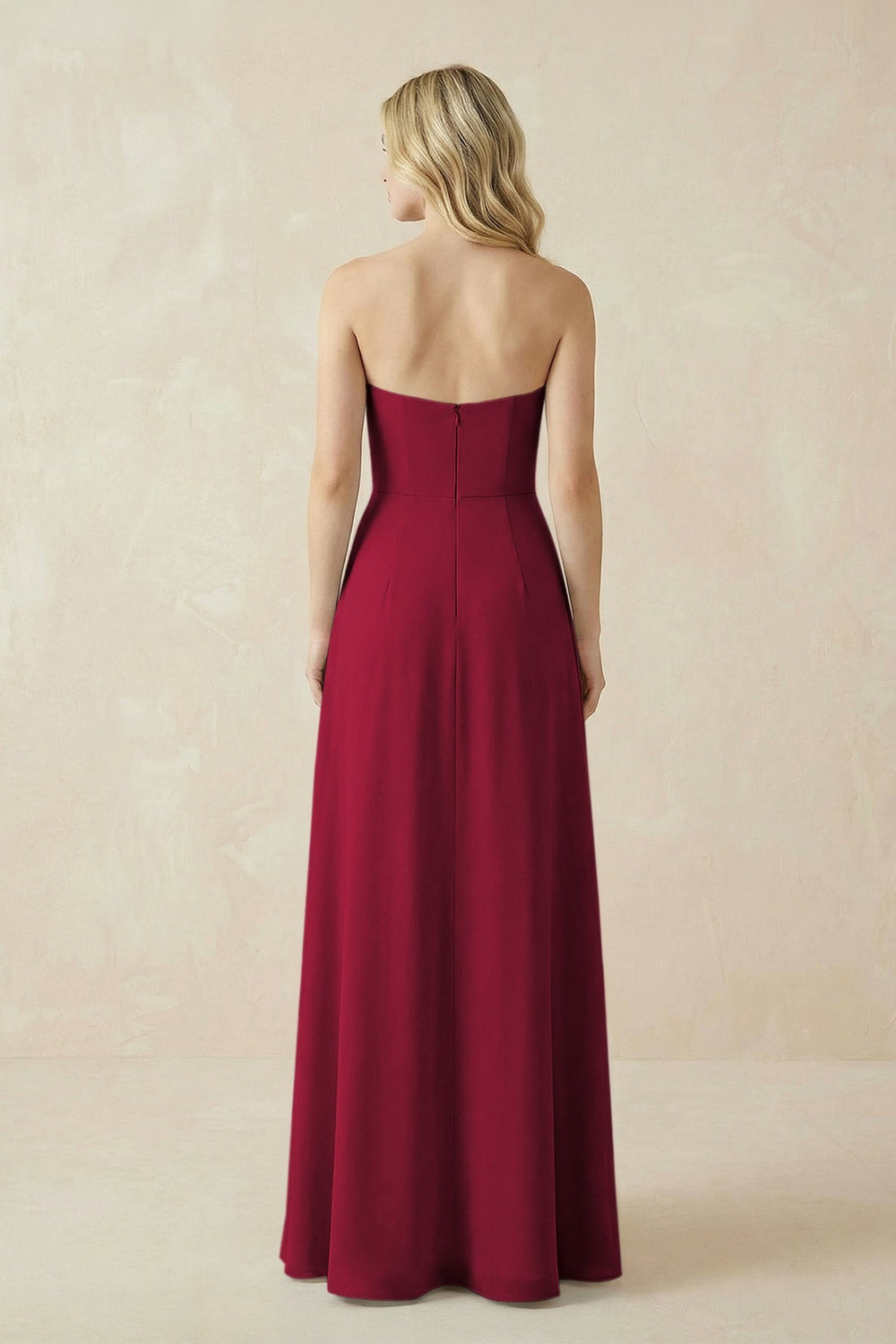 Strapless A - Line Chiffon Bridesmaid Dress With Slit in Berry - KISS BRIDAL Bridesmaid Dresses