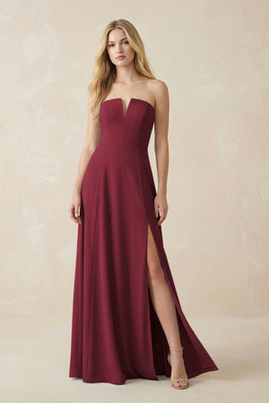 Strapless A-Line Chiffon Bridesmaid Dress With Slit in Berry | KISSBRIDAL
