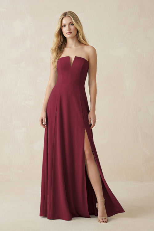Strapless A-Line Chiffon Bridesmaid Dress With Slit in Berry | KISSBRIDAL