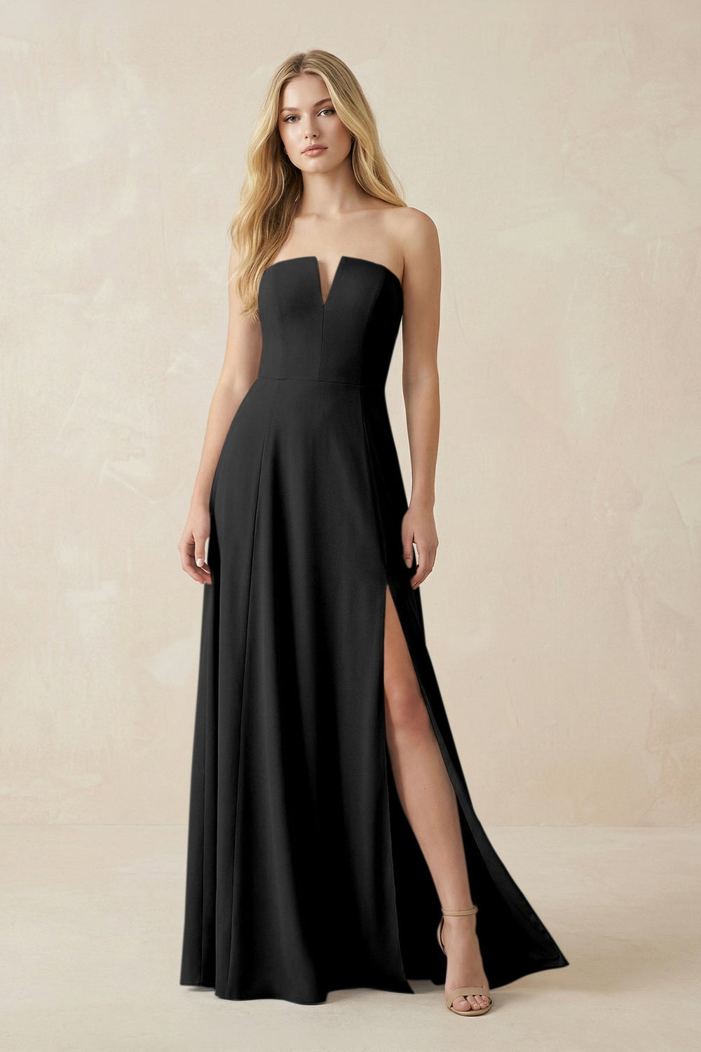 Strapless A - Line Chiffon Bridesmaid Dress With Slit in Black - KISS BRIDAL Bridesmaid Dresses