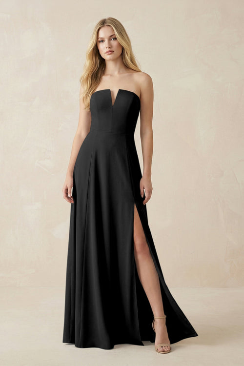 Strapless A - Line Chiffon Bridesmaid Dress With Slit in Black - SHE IS ME Bridesmaid Dresses