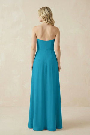 Strapless A - Line Chiffon Bridesmaid Dress With Slit in Blue Jay - SHE IS ME Bridesmaid Dresses