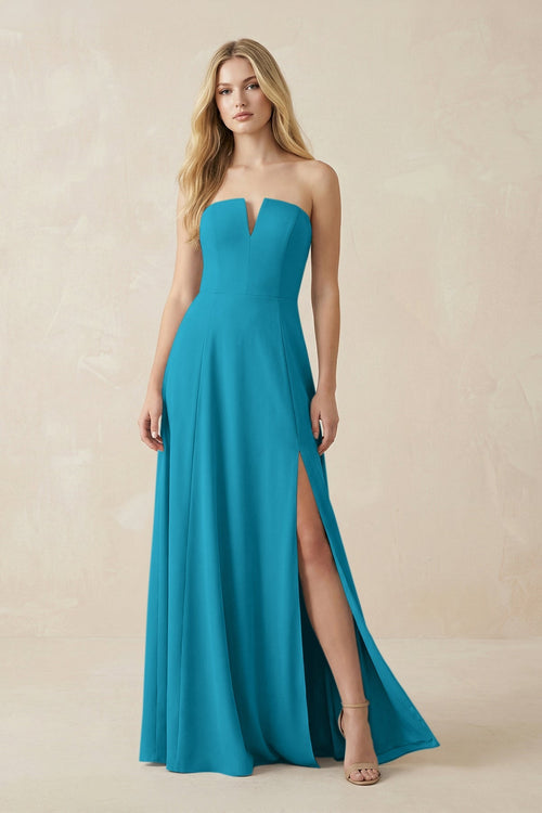 Strapless A - Line Chiffon Bridesmaid Dress With Slit in Blue Jay - SHE IS ME Bridesmaid Dresses