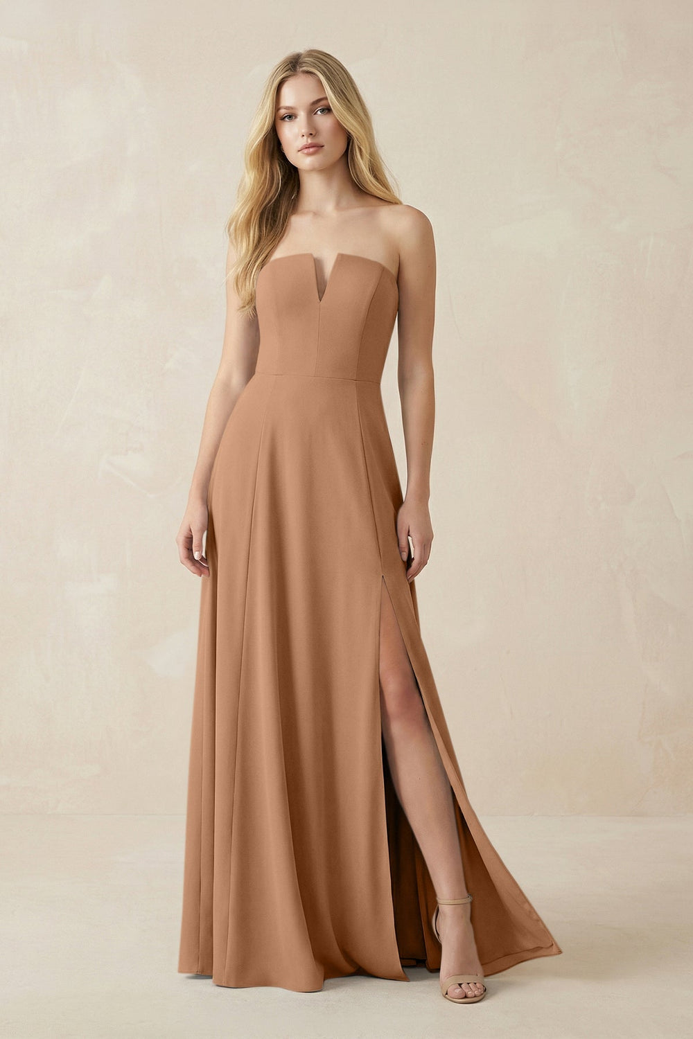 Strapless A - Line Chiffon Bridesmaid Dress With Slit in Bronzer - KISS BRIDAL Bridesmaid Dresses