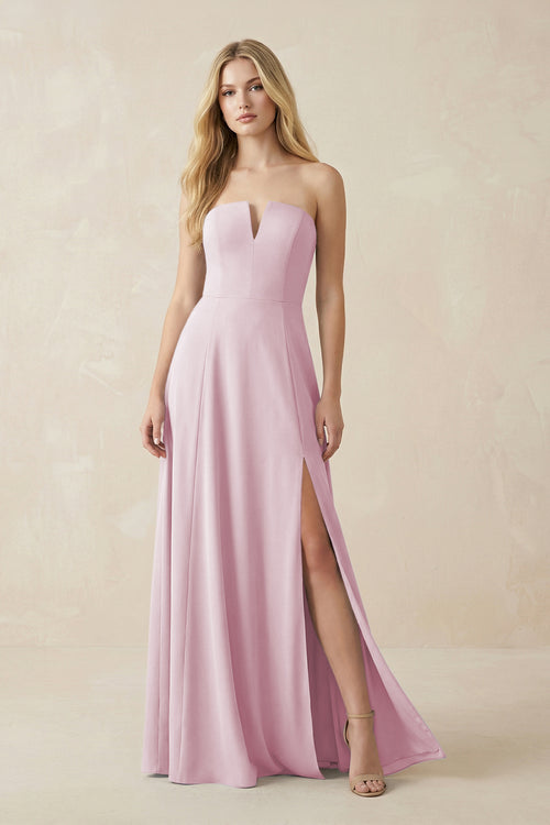 Strapless A-Line Chiffon Bridesmaid Dress With Slit in Candy Pink | KISSBRIDAL